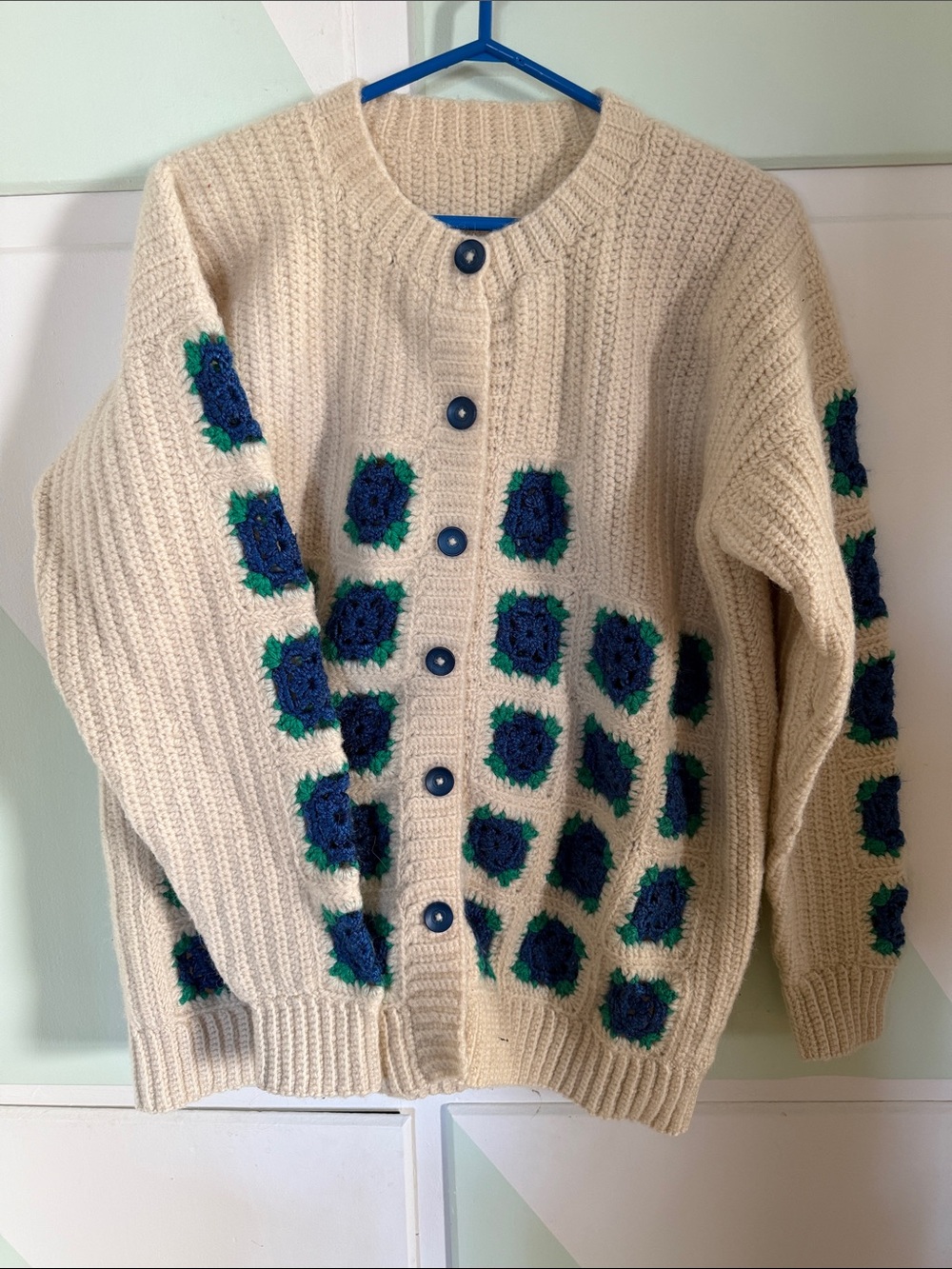 Cream Crochet Square Detail Button-Front Sweater